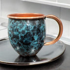 Set of Two Copper Barrel Mugs, Hammered and Stained Blue Patina