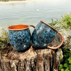 Set of Two Copper Barrel Mugs, Hammered and Stained Blue Patina